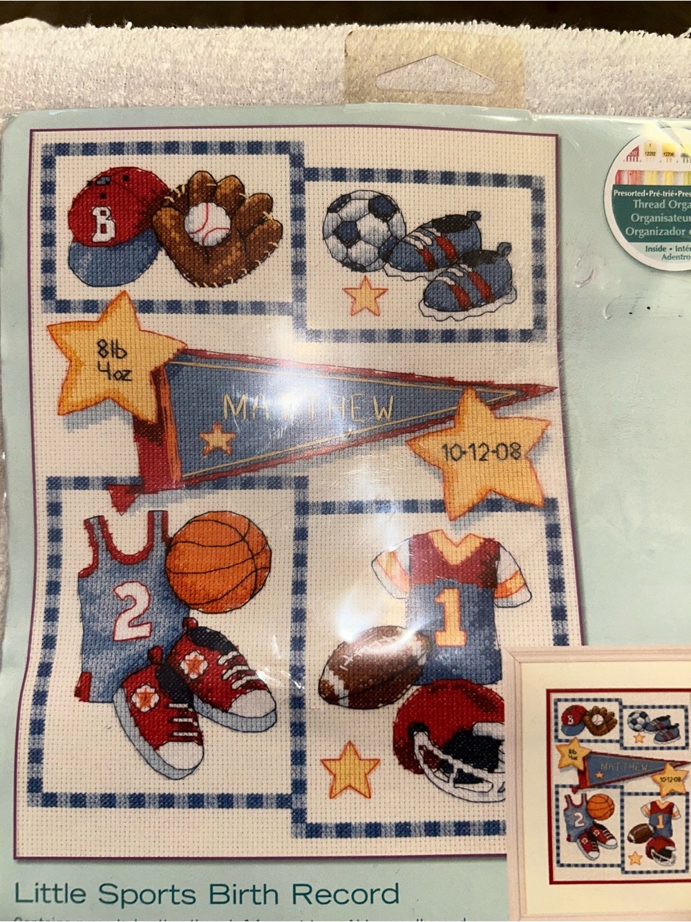 Little Sports Birth Record Cross-Stitch Panel - Blue and Red